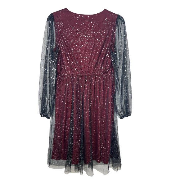JJs House Burgundy A-Line Dress XL Womens Sparkly Party Gown With Sheer Sleeves - Picture 8 of 16